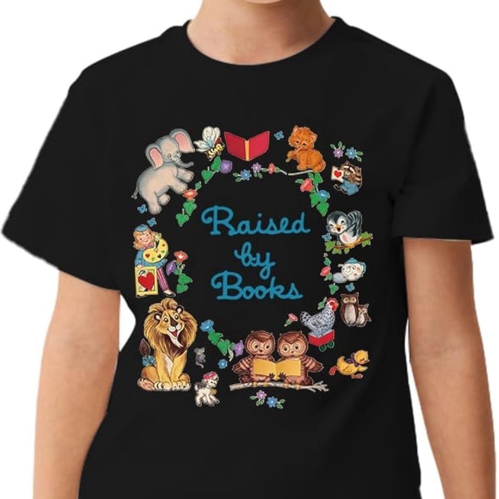 Youth Small Black 'Raised by Books' Graphic T-Shirt